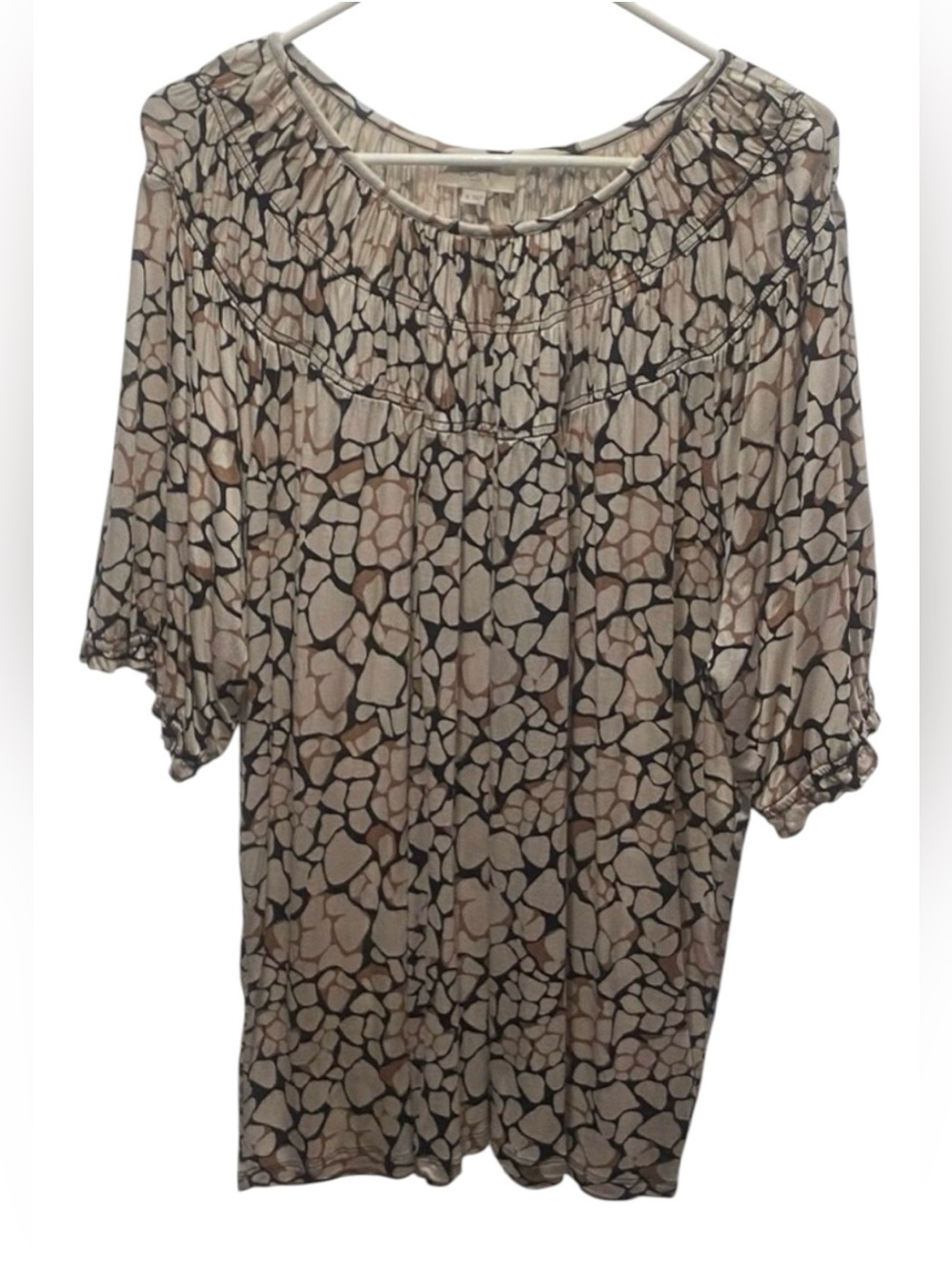 Loft Outlet Stretch‎ Tan/Brown Print Short Sleeve Gathered Design size XL